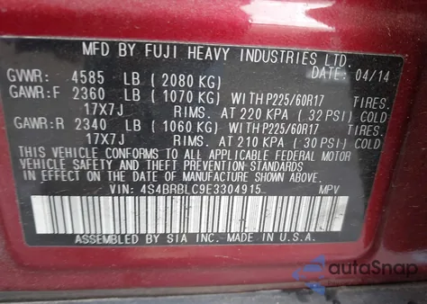 2014 Subaru Outback 2.5I Limited from USA, damaged, VIN 4S4BRBLC9E3304915